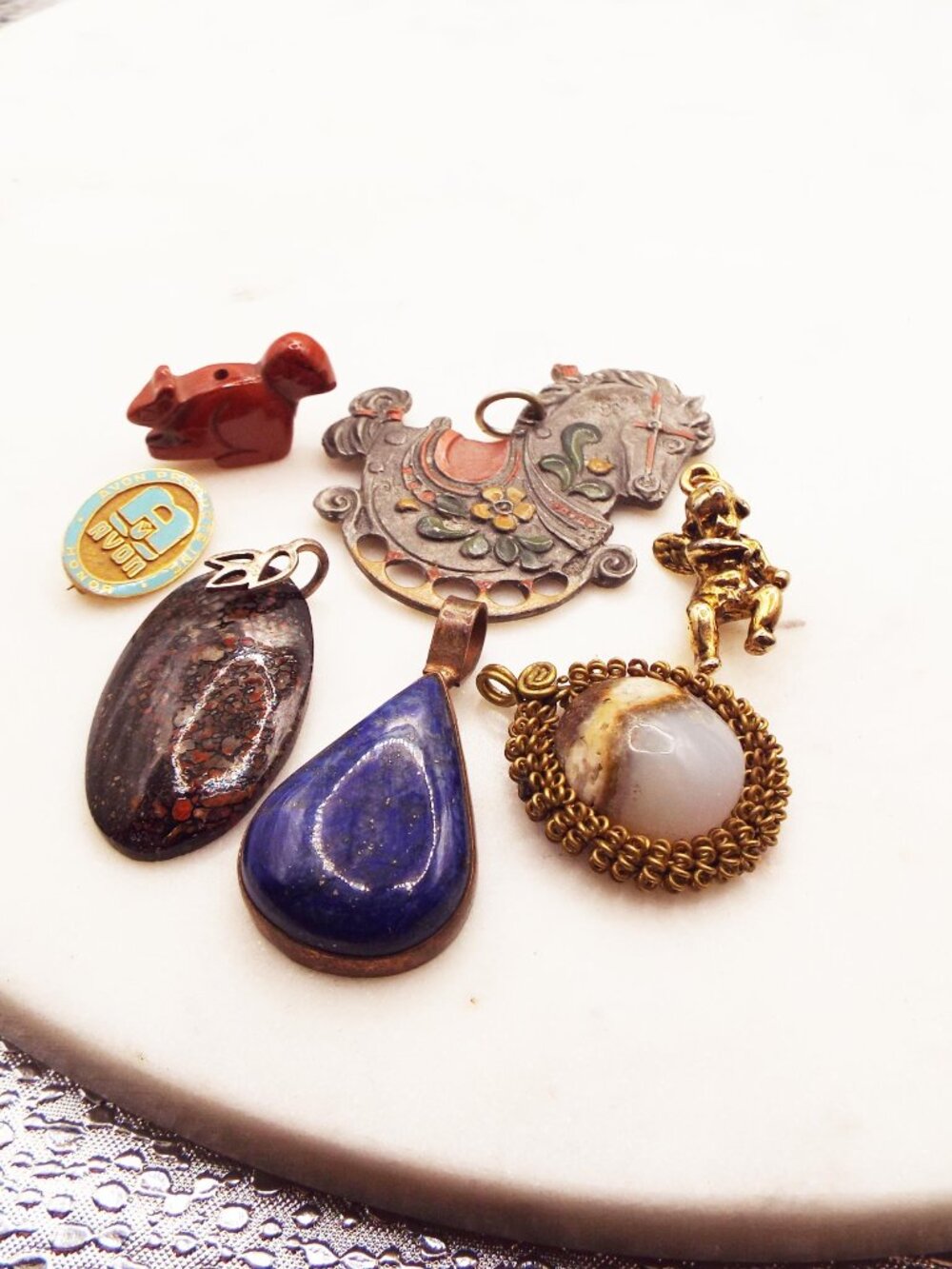 ANT. GRANNY'S DRAWER STONE PENDANTS, CHARMS, AVON, ROCKING HORSE PENDANT LOT L